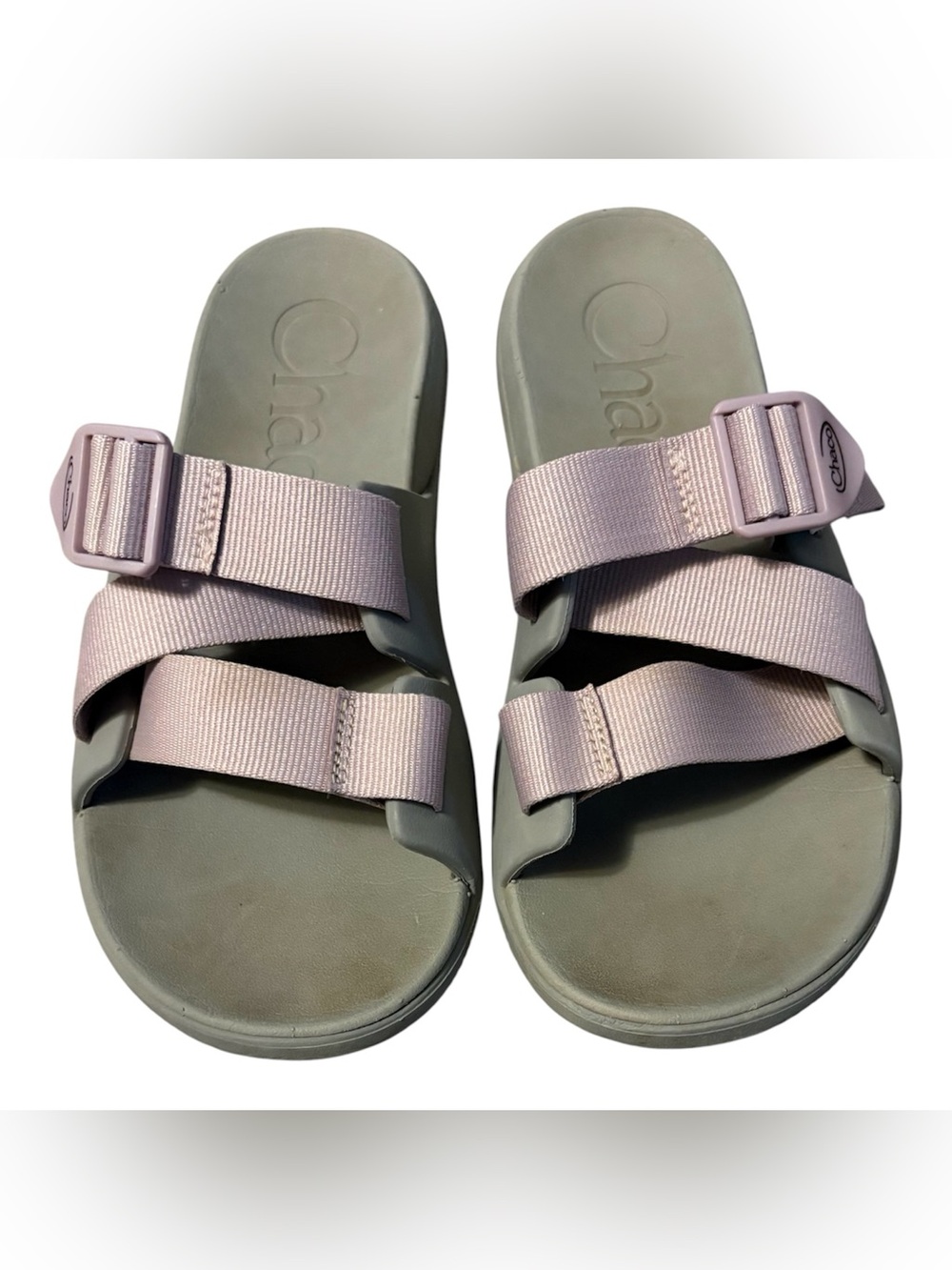 Chaco Slide Sandals with Pale Pink Webbing and Sage Footbed